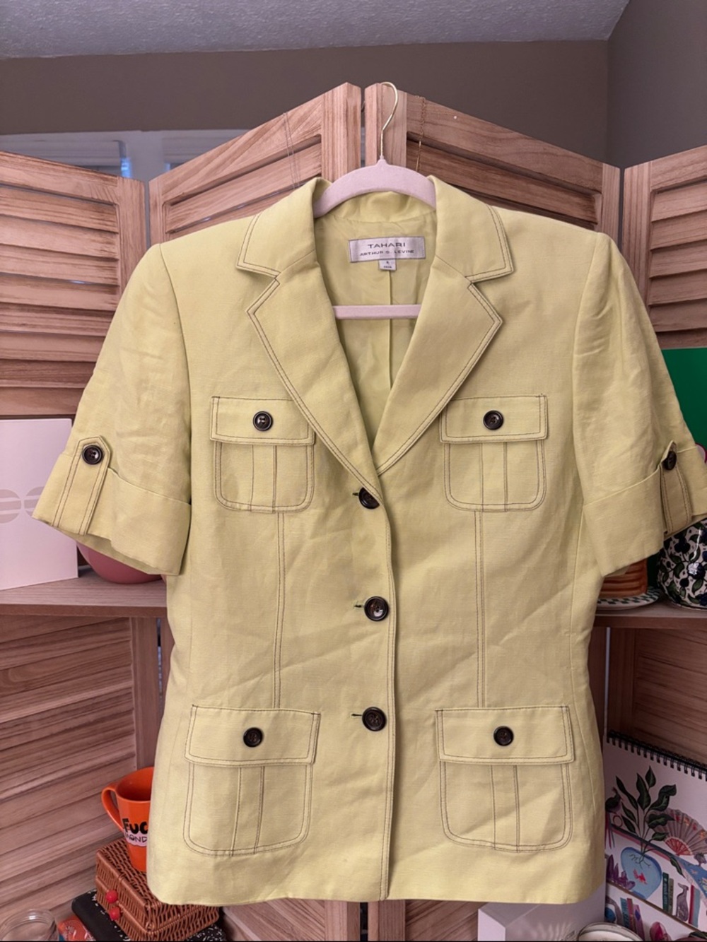 Tahari Bright Green Short-Sleeve Safari Blazer - Picture 3 of 7